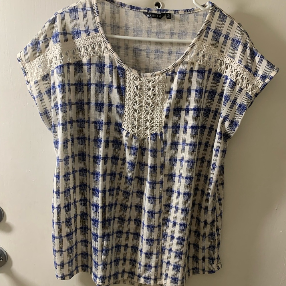 Hannah Blue and Cream Plaid Crochet-Trim Women's Top